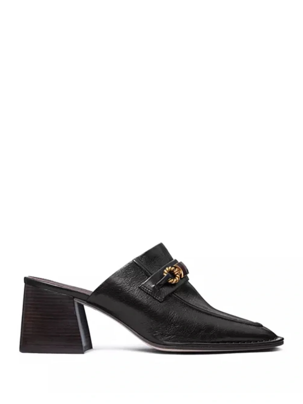 Tory Burch Perrine Black Leather Logo-Trim Block Heel Mules